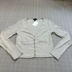 Ribbed Knit Cropped Cardigan Top Womens Large Grey Deep V‎ Minimalist New